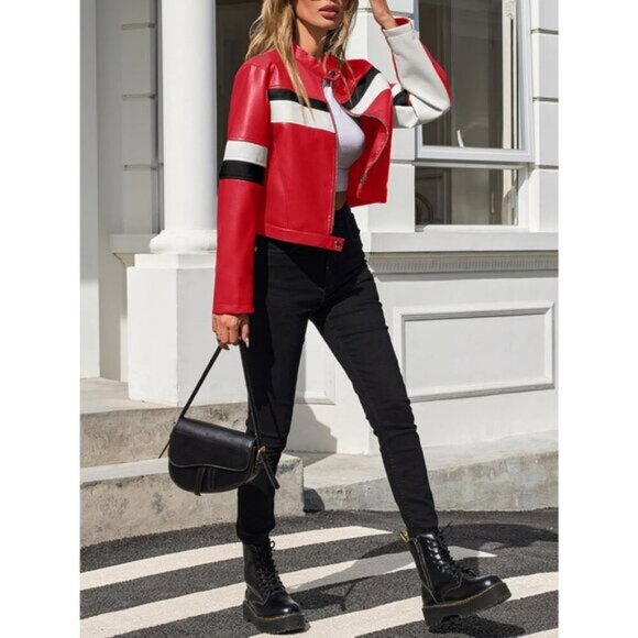 ⭐ Tankaneo Women's Cropped Faux Leather Moto Jacket Color Block Racing Coat - Picture 2 of 5